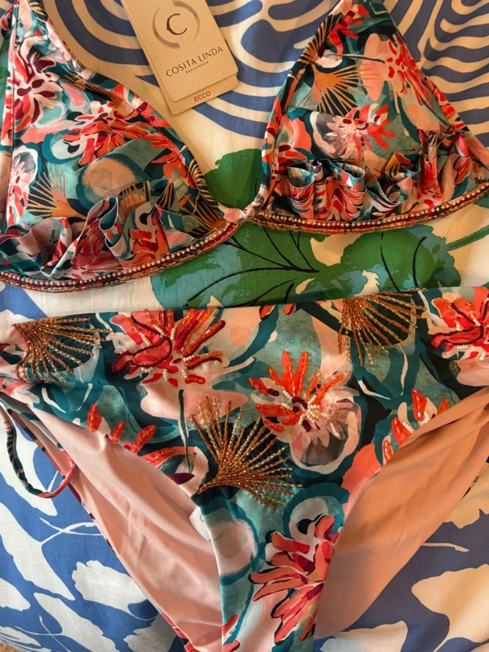 NWT Cosita Linda luxury hand, embroidered/beaded Print Triangle Bikini Set,small - Picture 2 of 8
